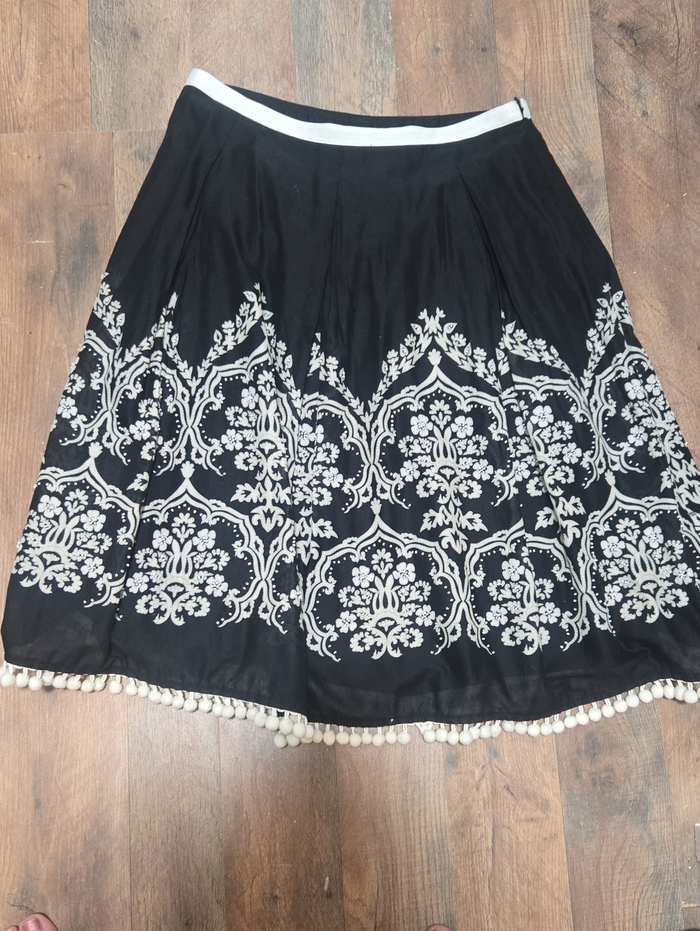 LOFT Black and White Embroidered A-Line Midi Skirt with Pom Trim